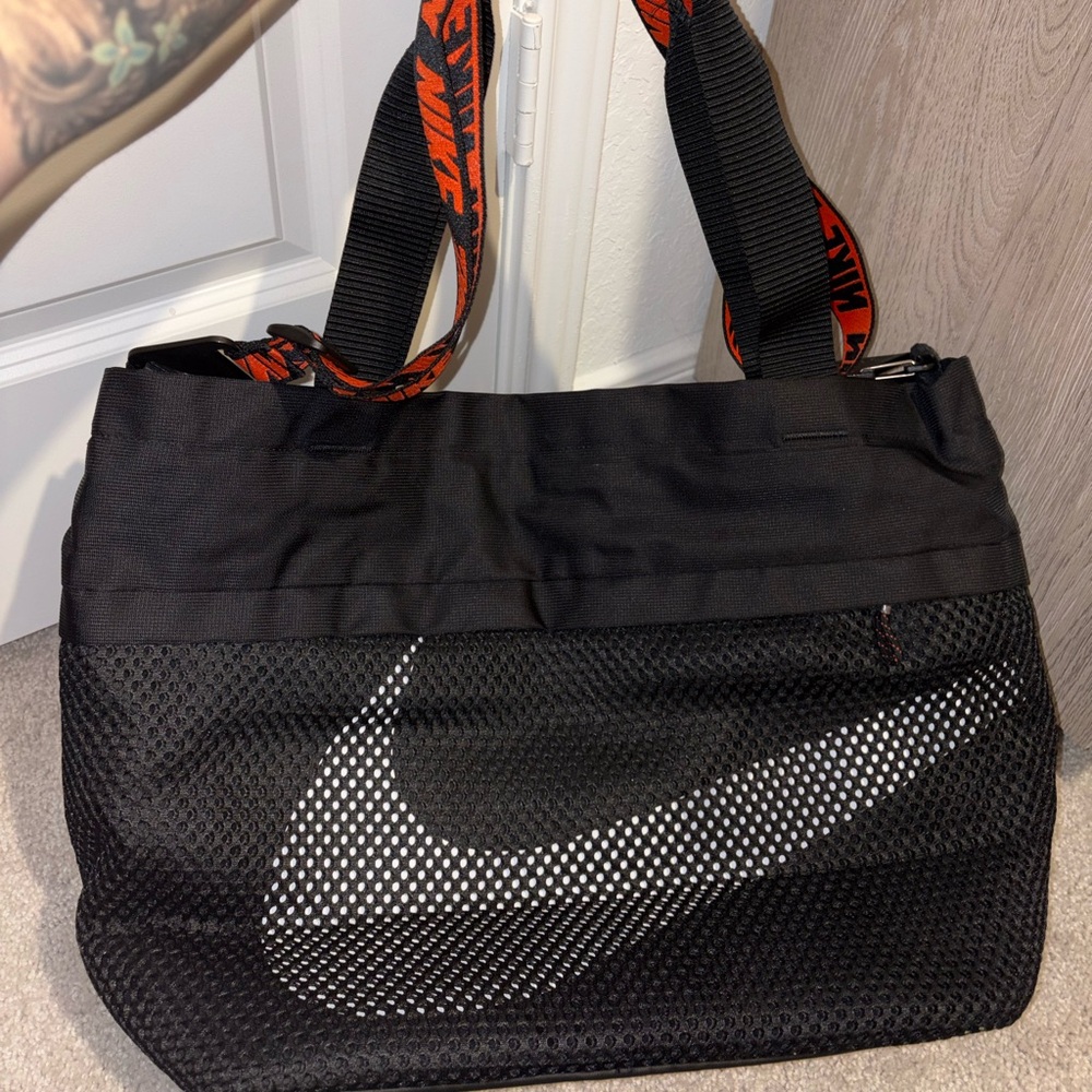 Nike Black Mesh Duffel Tote with Orange Logo Straps